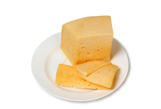 Cheese with plate on white background