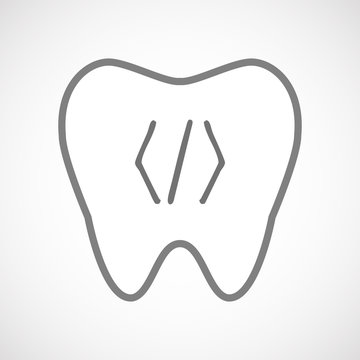 Isolated line art tooth icon with a code sign