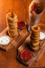 snacks to beer on a wooden table