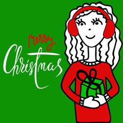 Handdrawn girl with headphones holding a gift box. Christmas lettering