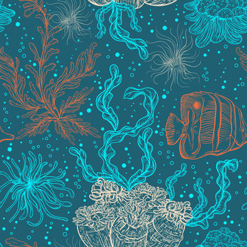 Collection of marine plants, leaves, seaweed and tropical fish. Seamless pattern with hand drawn marine flora and fauna. Vector illustration in line art style.Design for summer beach, decorations.