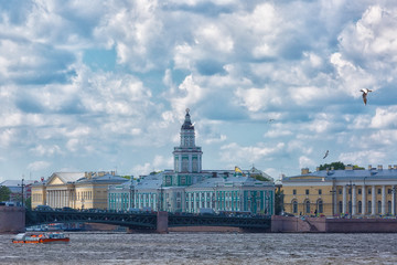 Fototapeta premium The building of the Kunstkammer in St. Petersburg against the sky with clouds, Russia