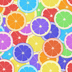 Seamless pattern background citrus. Wallpaper fruit. Vector tropical delicious. Sliced of lemon, orange and grapefruit.