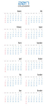 Calendar for 2017 on White Background. Week Starts Sunday. Simple Vector Template