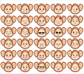 Set of funny monkey emoticons - smiling monkeys with different emotions from happiness to angry isolated on white background. Can be used for logos, icons, signs, avatars, web decor, other design