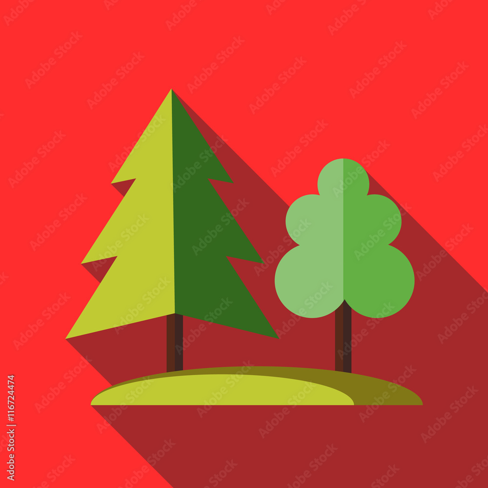 Poster forest tree icon in flat style on a red background
