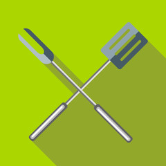 Barbeque fork and spatula icon in flat style on a green background