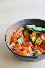 sashimi seafood and egg rice bowl - mix sashimi donburi , japane