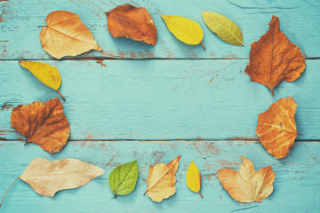 Fototapeta na wymiar Top view of autumn golden leaves on blue wooden background.
