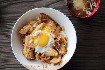 rice with slice pork and egg butadon - japanese food