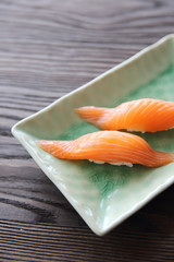 Salmon sushi Japanese food in close up