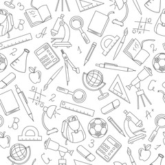 Seamless pattern on the theme of the school, a simple contour icons, dark outline on a light background