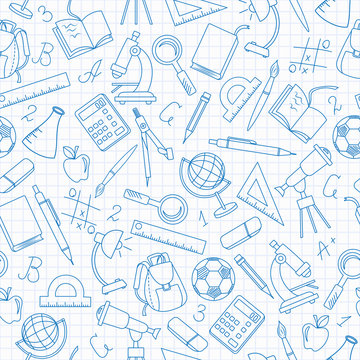 Seamless pattern on the theme of the school, a simple contour icons, dark blue outline on a light background in a cage