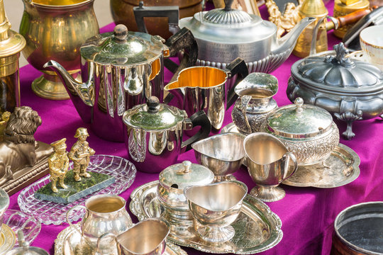 Old kitchenware (trays, teapots, coffee turks, samovars, pans, plates, cups etc) flea market