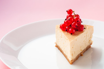 cheesecake decorated with red currants on a pink background