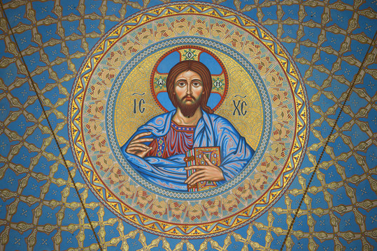 The image of Jesus Christ on the inside of the dome in the St. Nicholas naval Cathedral. Kronstadt
