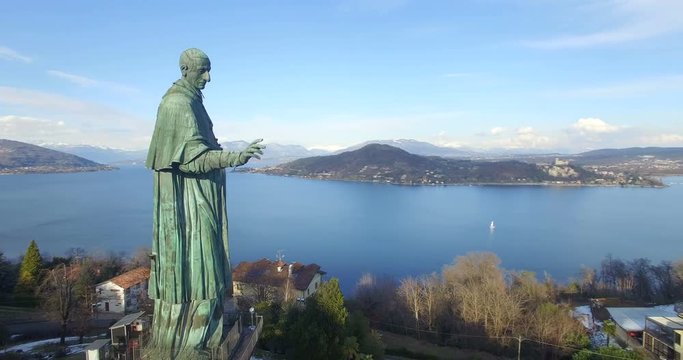 Aerial: Statue of San Carlo Borromeo in Aarona, Italy