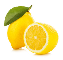 Lemon with green leaf isolated on white background