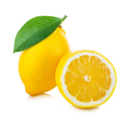 Lemon with green leaf isolated on white background