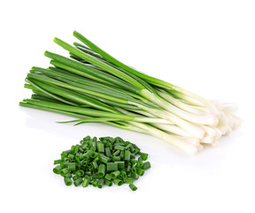 Green onion close-up isolated on a white background. Food concept.