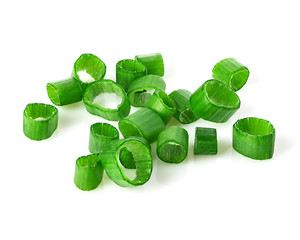 Chopped green onions close-up isolated on a white background. - obrazy, fototapety, plakaty