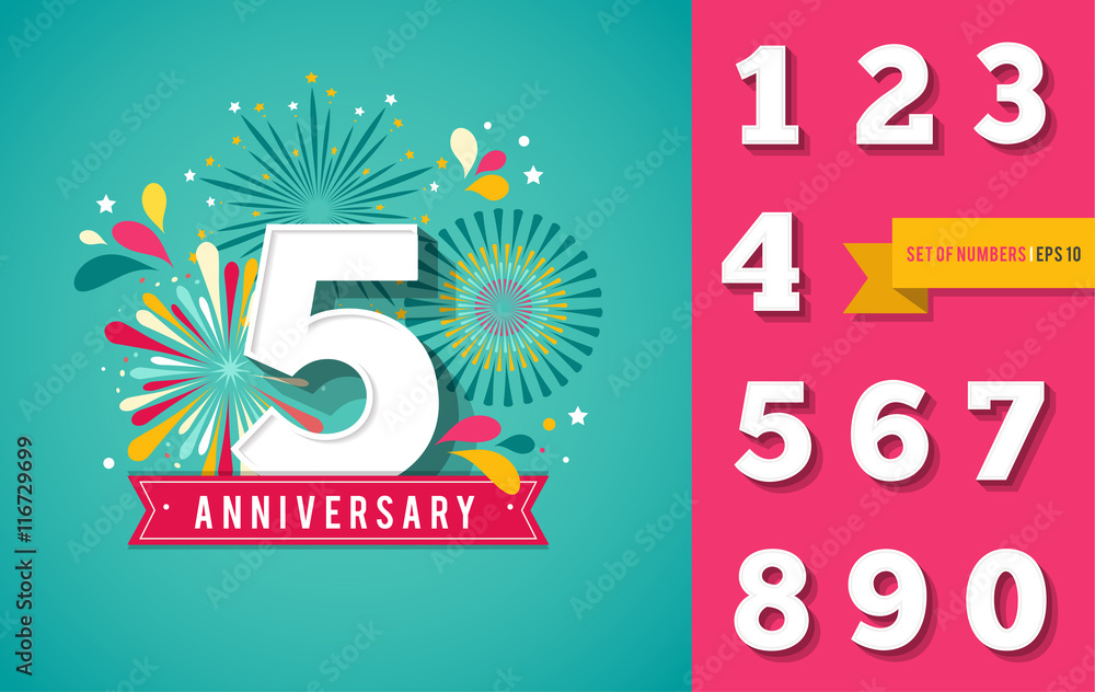 Wall mural anniversary fireworks and celebration background, set of numbers