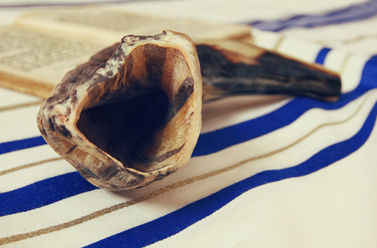 Prayer Shawl - Tallit and Shofar (horn) jewish religious symbol.