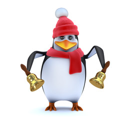 3d Winter penguin rings his brass bells