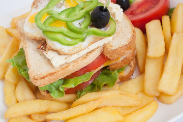 club sandwich on a white plate with french fries and vegetables