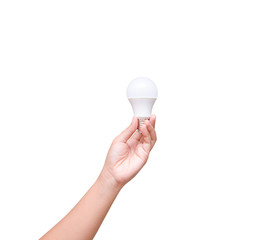 Isolated of woman han holding LED bulb on white background