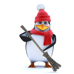 3d Winter penguin is sweeping up