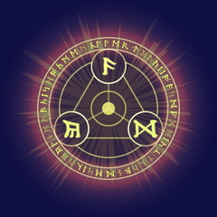 Mysterious pagan magic ritual rings with Celtic runic symbols. Visualization of casting magic spell or enchantment, glowing in the dark.