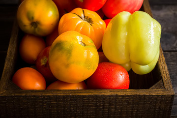 Red and yellow tomatos in wooden box.