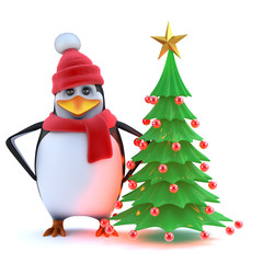 3d Winter penguin with his Christmas tree