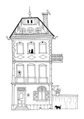 A tall housing building illustration depicting normal every day life. Decorative home hand drawing with architectural details and ambiance (flowers, animals, dog, cat, bird).