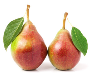 Two red pears with leaf isolated on white background