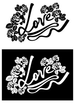 Roses silhouettes and single word "Love". Vector clip art.
