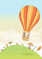 Naklejka premium Kreskówka dzieci wewnątrz balonu na ogrzane powietrze lecącego nad zielonym parkiem