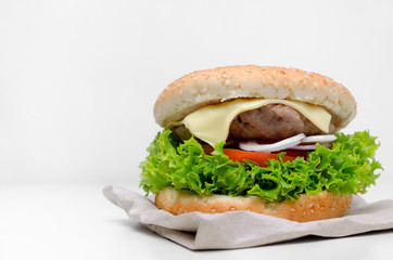 Burger on a white parchment on a white background