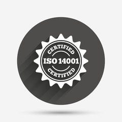 ISO 14001 certified sign. Certification stamp.