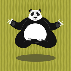 Panda Yoga. Chinese bear on background of bamboo. Status of nirv
