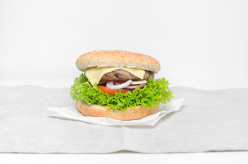 Burger on a white parchment on a white background
