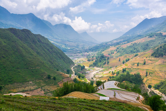 Traditional Vietnamese landscape with mountains and rice paddies