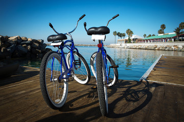 Fototapeta na wymiar Bikes on a boardwalk.