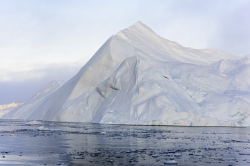 Icebergs are on the arctic ocean on sunset time with shadow