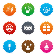 Party celebration, birthday icons. Music notes.