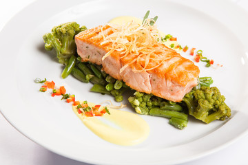 salmon steak on green beans