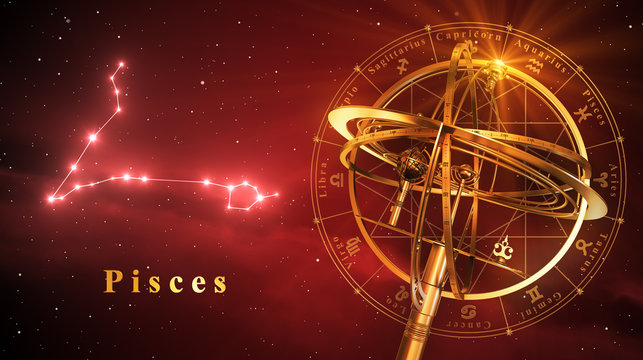 Armillary Sphere And Constellation Pisces Over Red Background