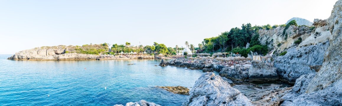 Panoramic view of the organized beach of Kallithea Springs in Rhodes Greece. "Kalithea" in Greek means "nice view"