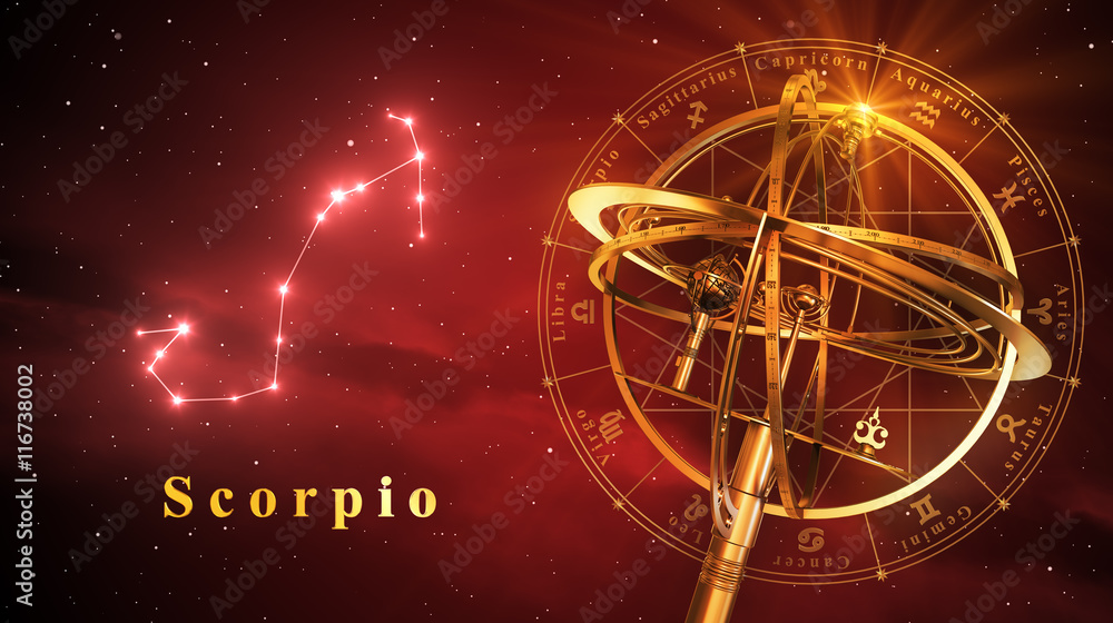 Wall mural armillary sphere and constellation scorpio over red background